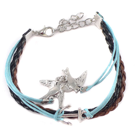 Braided Leather Bracelet with Dove and Anchor Charms