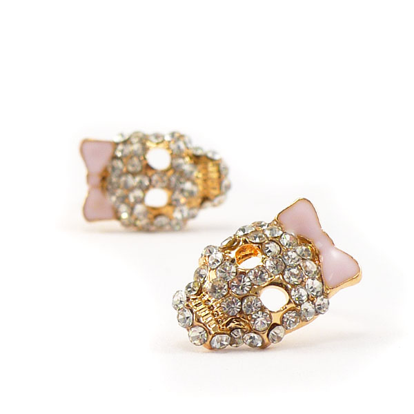 Skull With Bow Rhinestone Earrings